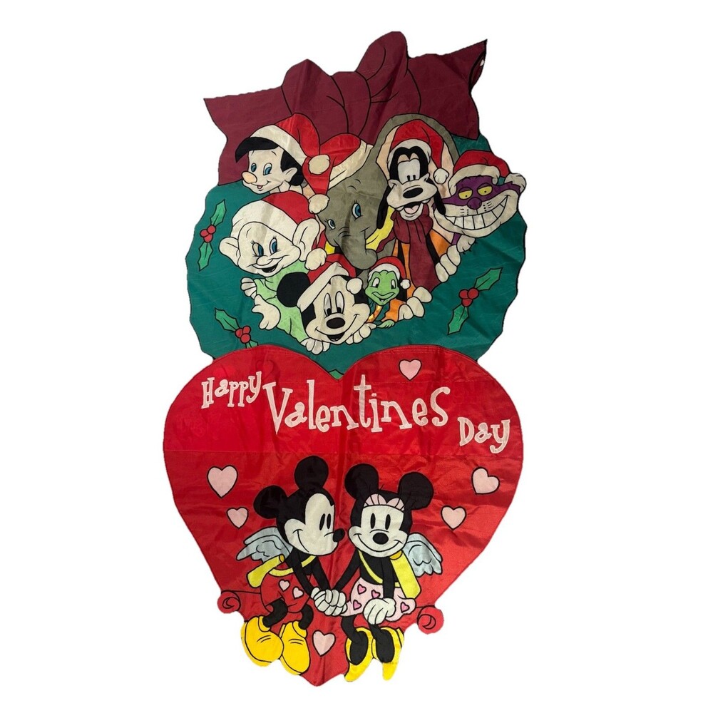 DISNEY Character Holidays Lot Of 2 Flags Christmas & Valentines LARGE YARD FLAG